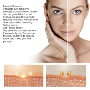 Anti-aging foundation essence showing skin smoothing effect and cellular absorption.