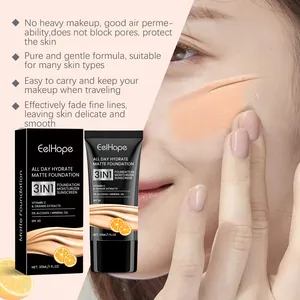 Close-up detail showing matte foundation application on skin alongside retail packaging
