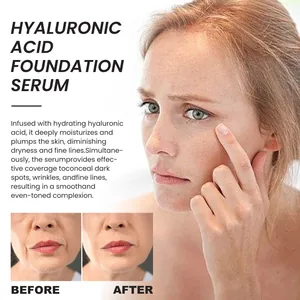 Hyaluronic acid foundation serum showing before and after wrinkle coverage effects