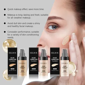 Detail view of EELHOE color correction foundation in three shades with model effect
