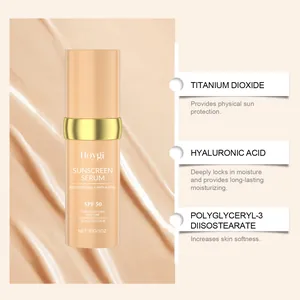 Λεπτομερής προβολή του ορού αντηλιακού Hoygi SPF 50 με βασικά συστατικά περιποίησης.