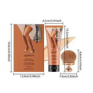 Set crema trucco per gambe con dimensioni, include scatola, tubetto e pennello.