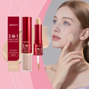 Zephoco 2-in-1 brown concealer showing balm and liquid textures with model closeup