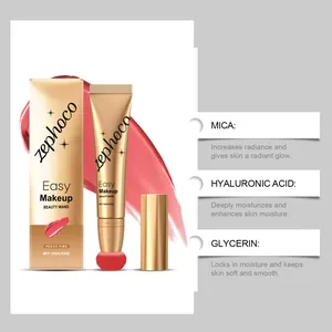 Detailed macro view of ZEPHOCO liquid blush wand highlighting its nourishing ingredients