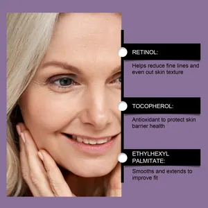 Macro detail of anti-aging concealer ingredients with mature model showing skin texture
