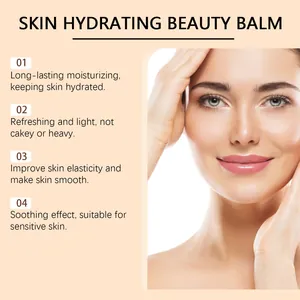 Detalle de beneficios del bálsamo de belleza hidratante con rostro de modelo