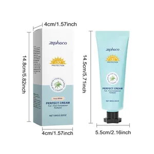 Vista detallada del tubo y la caja de base Zephoco Ivory White SPF 30 con dimensiones exactas