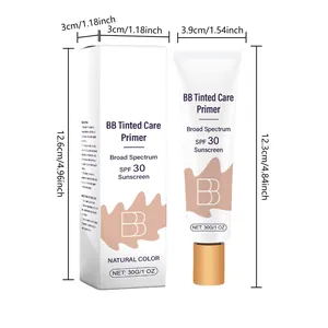 Dimensiones detalladas del producto BB Tinted Care Primer SPF 30 y su caja exterior.
