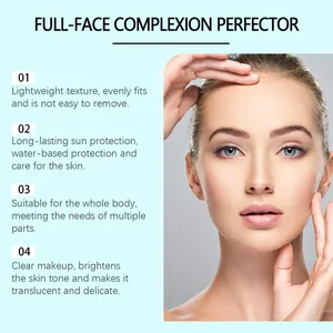 Infografía que muestra cuatro beneficios perfeccionadores de la base con una modelo femenina.