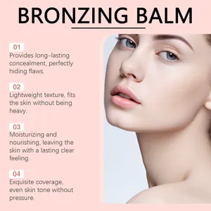 Detailed view of bronzing balm effects on flawless skin with English feature highlights