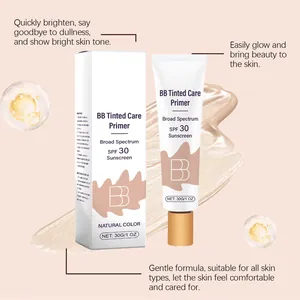 Vista detallada del BB Tinted Care Primer SPF 30 con fondo de textura de crema hidratante.