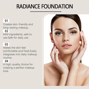 Κοντινό πλάνο των πλεονεκτημάτων του radiant foundation με μοντέλο για άψογο μακιγιάζ