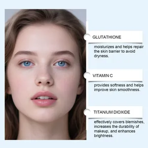 Modelo con piel perfecta detallando beneficios de glutatión, vitamina C y dióxido titanio