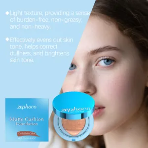 Detalle de la base de maquillaje cushion mate Zephoco con texto de marketing iluminador
