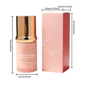 Detailed dimensions of 30ml radiant foundation bottle and box packaging in cm and inch