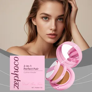 Polvos cushion 2 en 1 Zephoco para tonos de piel oscuros con espejo compacto y borla