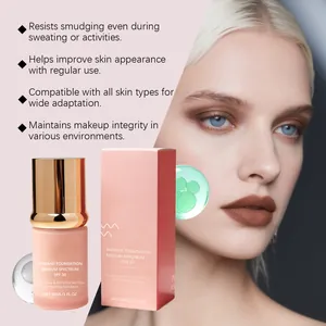 Detail view of radiant foundation bottle and packaging with matte makeup look on model.