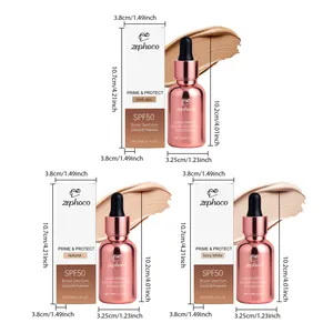 Διαστάσεις και τρεις αποχρώσεις του υγρού makeup zephoco με μπουκάλι και κουτί