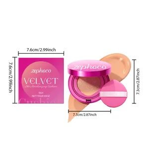 Vista dettagliata del fondotinta cushion idratante velluto Zephoco con dimensioni confezione