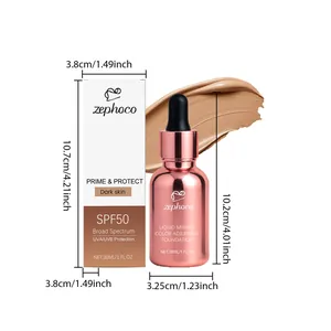 Dimensions of zephoco color adjusting foundation bottle and box showing SPF50 protection