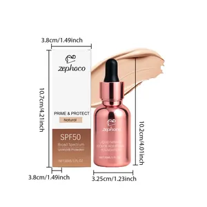 Detaillierte Größenmaße von Zephoco Foundation-Flasche und Box mit SPF50-Informationen