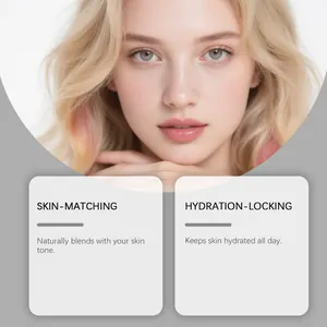 Primer plano del rostro de la modelo con efectos hidratantes de la base de maquillaje.