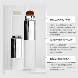 Detail of 2-in-1 foundation stick showing ingredients and integrated brush.