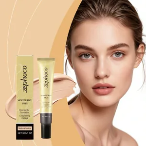 Primo piano del fondotinta zephoco con campione di texture e viso di una modella.