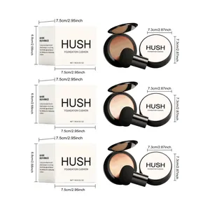 Vista dettagliata del set fondotinta cushion HUSH con dimensioni e tre tonalità