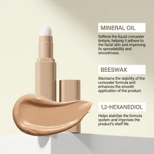 Detail view of liquid concealer stick showing smooth texture and key ingredients summary