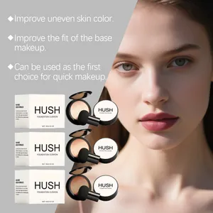 Dettaglio professionale del set fondotinta cushion HUSH con effetto trucco naturale viso