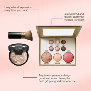 Vue détaillée du coffret de palettes de maquillage tout-en-un avec fond de teint et pinceau