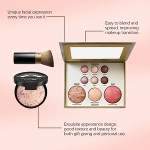 Umfassendes Make-up-Set mit Lidschatten-Palette, Puder-Foundation und einem Pinsel.