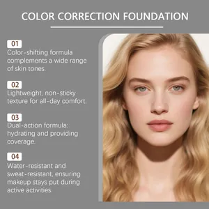 Close-up of color correction foundation effect on model's face with product features
