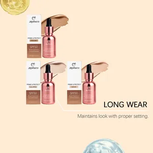 Λεπτομέρεια σειράς foundation Zephoco με ρύθμιση χρώματος, SPF50 και μεταλλική συσκευασία