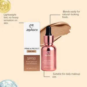 Macro view of Zephoco SPF50 color adjusting liquid foundation for dark skin tones.