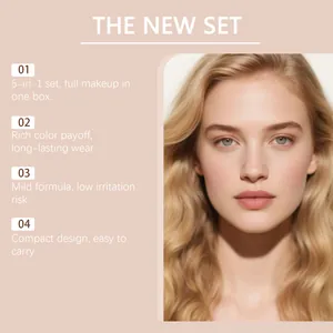 Model showcasing vibrant facial makeup results from the professional 5-in-1 kit.