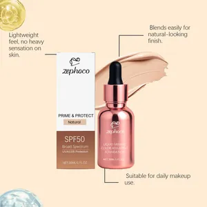 Detailansicht der ZEPHOCO farbanpassenden Foundation mit SPF50 und cremiger Texturprobe