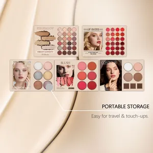 All-in-one face makeup palette set featuring eyeshadow, lip gloss, and blush modules.