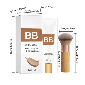 Detailed size chart showing dimensions of wheat color BB cream tube and makeup brush set