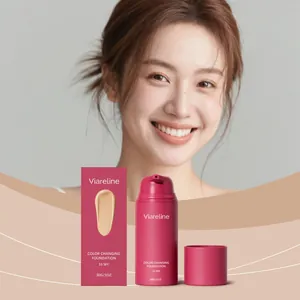 Detailed view of color changing foundation bottle and smooth liquid texture sample