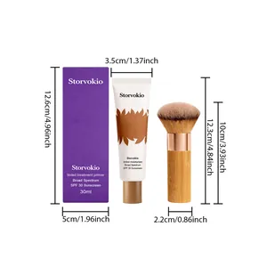 Detailed dimension chart of Storvokio BB cream set including tube, box and brush