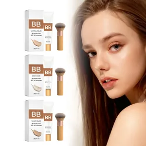 BB cream set with three shades and brush, showing natural coverage on a model