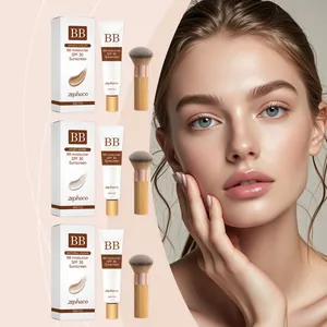 Detailed view of Zephoco BB cream variants showing different shades and natural makeup look