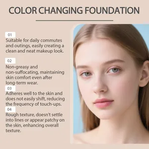 Detailed features of color changing foundation displayed on a clear complexion model