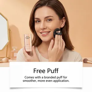 A model demonstrating the zephoco foundation stick and branded application puff for makeup.