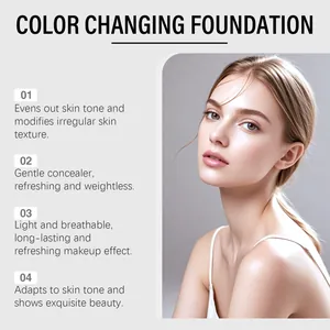 Detail view of skin-adapting color changing foundation with model showing makeup result