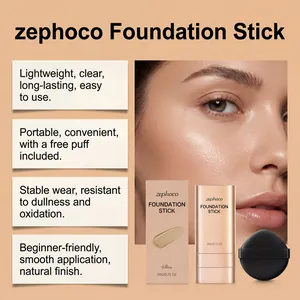 Zephoco foundation stick for natural finish with application effect on model and puff