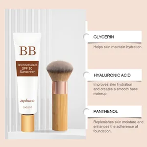 Detail of Zephoco moisturizing BB cream SPF 30 with ingredients and makeup brush
