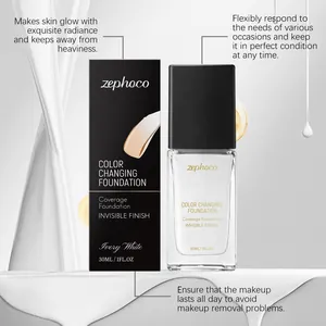 Detailed view of Zephoco ivory white color changing foundation bottle and packaging box